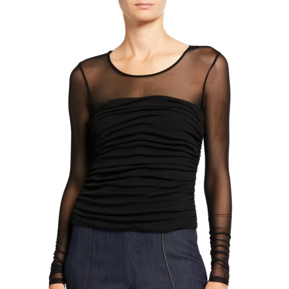 Cinq a Sept Zephyr Shirred-Bodice Long-Sleeve Sheer Top in Black Size Medium